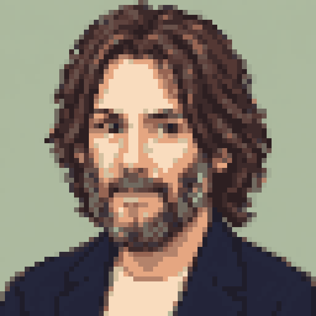 Unofficial AI-generated image of Keanu Reeves: pixel bust with long hair, a beard and a navy jacket on sage.