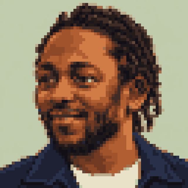 Unofficial AI-generated image of Kendrick Lamar: pixel bust with dark twists and a short beard and a navy jacket on sage.
