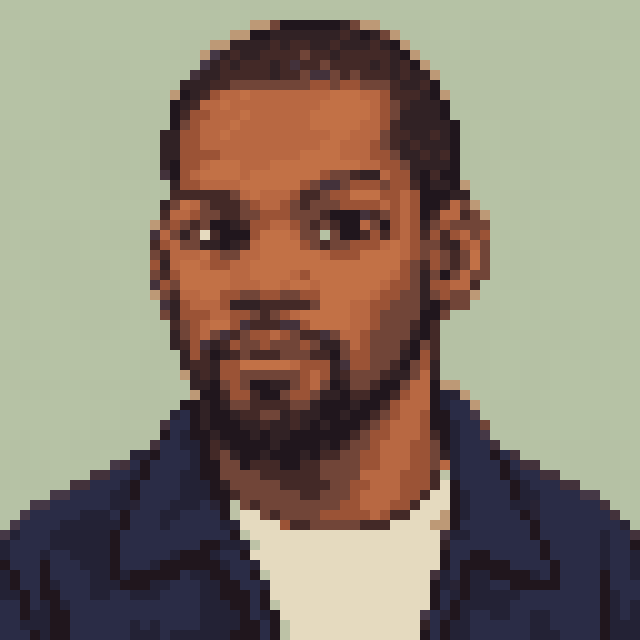 Unofficial AI-generated image of Kevin Durant: pixel bust with short dark hair and a beard and a navy jacket on sage.