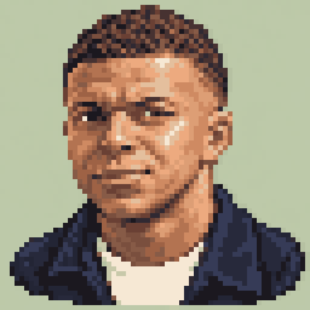 Unofficial AI-generated image of Kylian Mbappé: pixel bust in a navy jacket on sage.