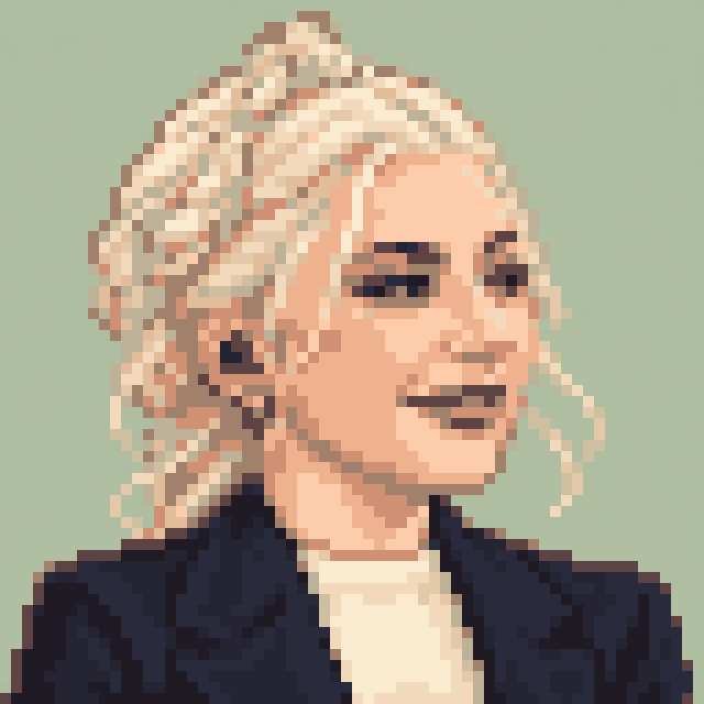 Unofficial AI-generated image of Lady Gaga: pixel bust with a blonde updo and hoop earrings and a navy jacket on sage.
