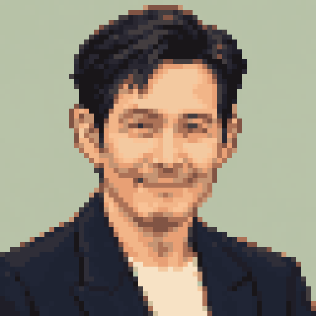 Unofficial AI-generated image of Lee Jung-jae: pixel bust with swept dark hair and a light shirt and a navy jacket on sage.