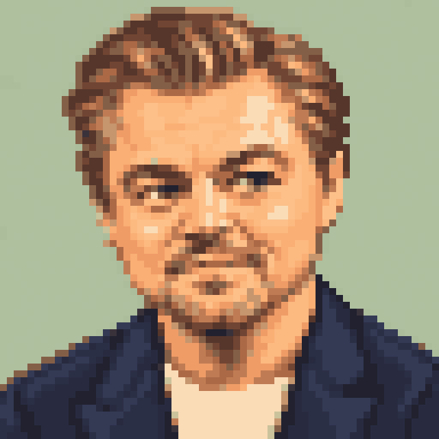 Unofficial AI-generated image of Leonardo DiCaprio: pixel bust with swept sandy hair and a beard and a navy jacket on sage.