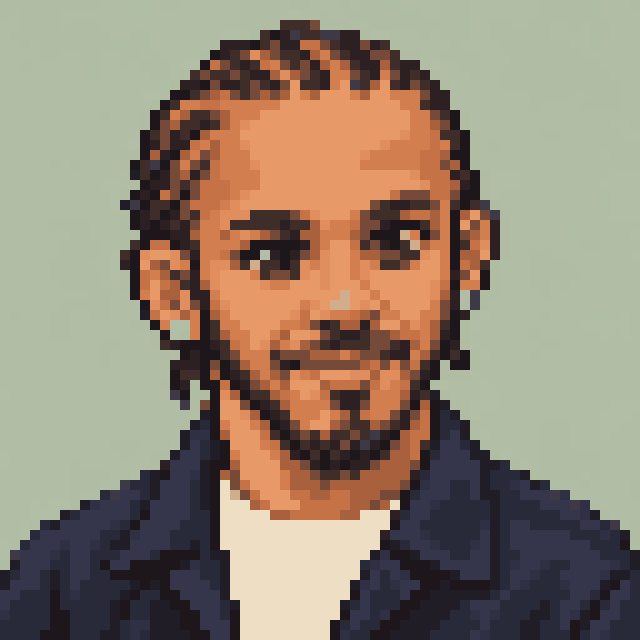 Unofficial AI-generated image of Lewis Hamilton: pixel bust with braided hair and a beard and a navy jacket on sage.