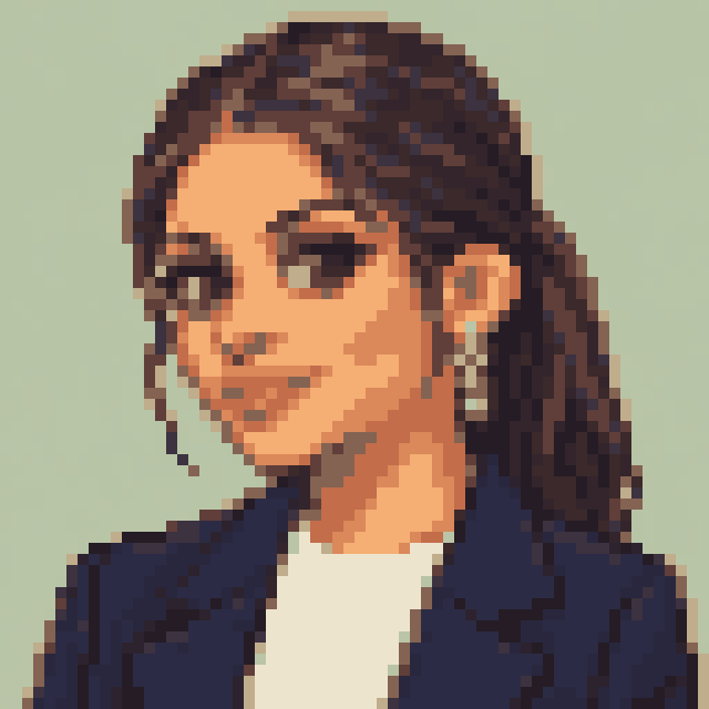 Unofficial AI-generated image of Lilly Singh: pixel bust with a ponytail, earrings and a navy jacket on sage.