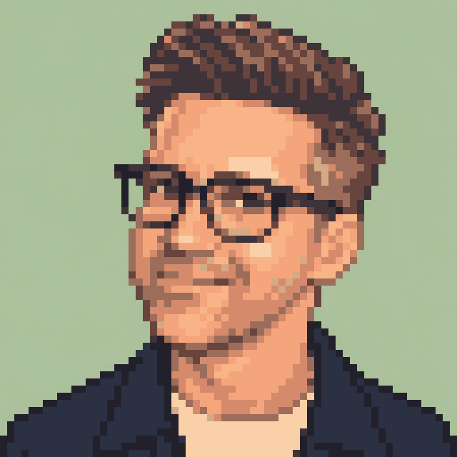 Unofficial AI-generated image of Link Neal: pixel bust with rectangular glasses and swept brown hair and a navy jacket on sage.
