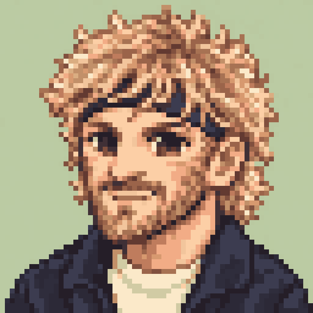 Unofficial AI-generated image of Logan Paul: pixel bust in a navy jacket on sage.