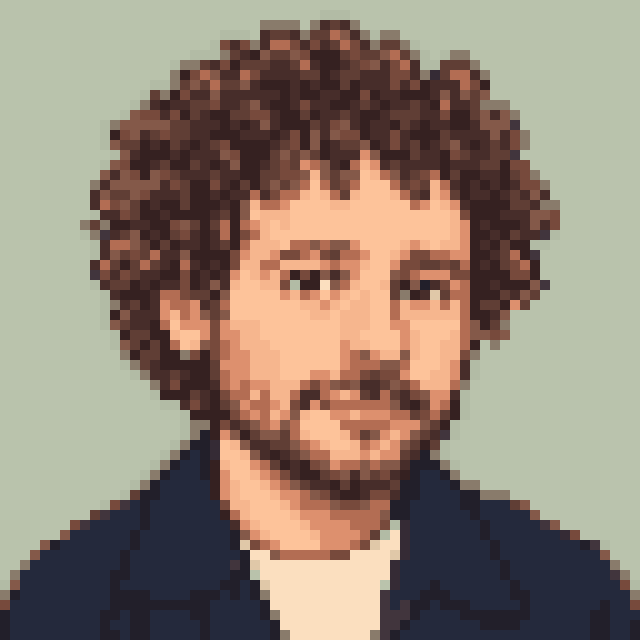 Unofficial AI-generated image of Luisito Comunica: pixel bust with brown curls and a beard and a navy jacket on sage.