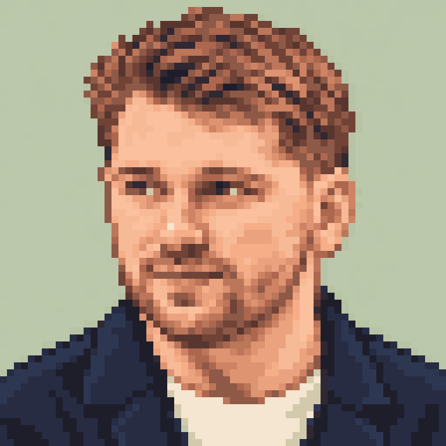 Unofficial AI-generated image of Luka Dončić: pixel bust with short brown hair and a beard and a navy jacket on sage.