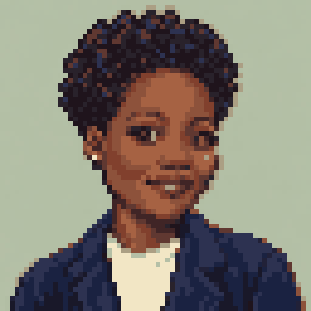 Unofficial AI-generated image of Lupita Nyong'o: pixel bust with a textured updo and pale earrings and a navy jacket on sage.
