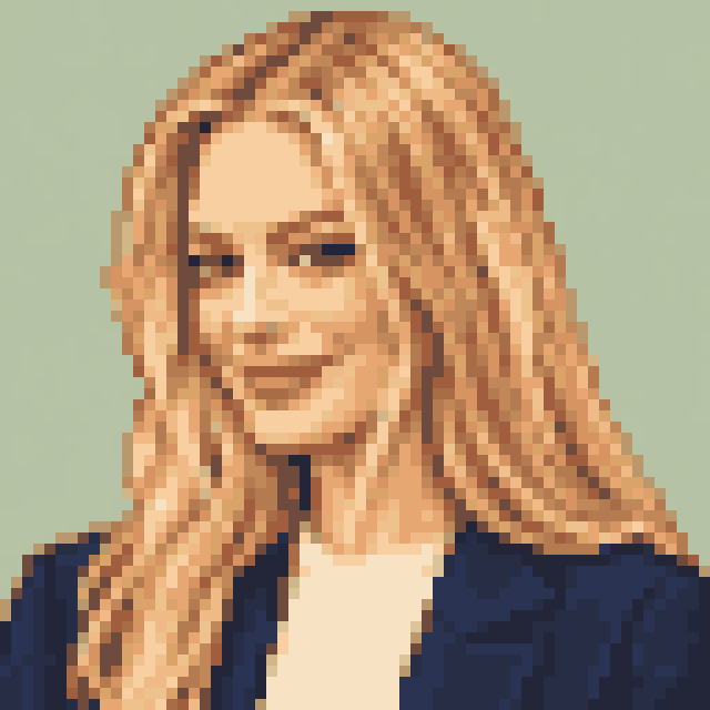 Unofficial AI-generated image of Margot Robbie: pixel bust with long blonde waves and a light shirt and a navy jacket on sage.