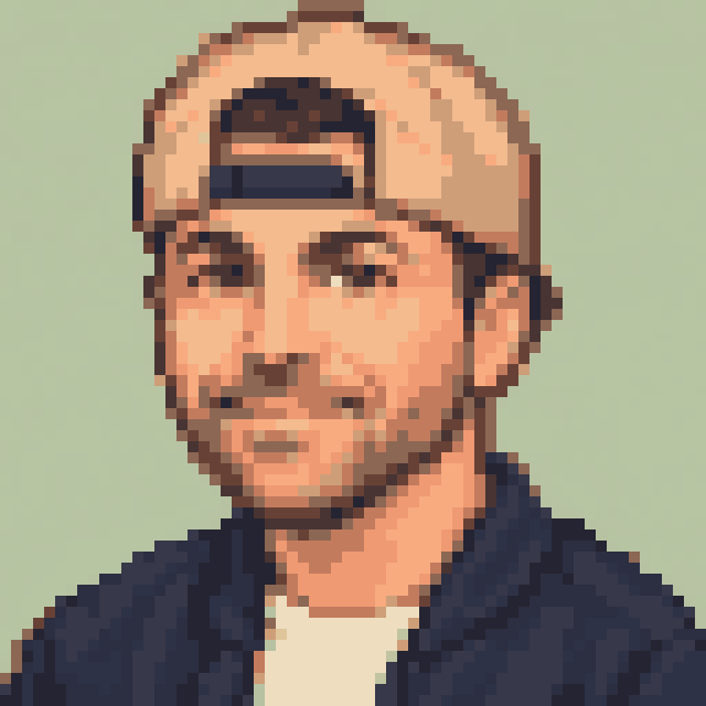 Unofficial AI-generated image of Mark Rober: pixel bust with a backwards cap and a light shirt and a navy jacket on sage.