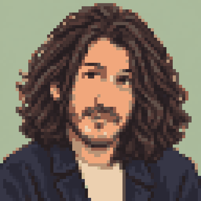 Unofficial AI-generated image of Markiplier: pixel bust with long dark hair and a moustache and a navy jacket on sage.