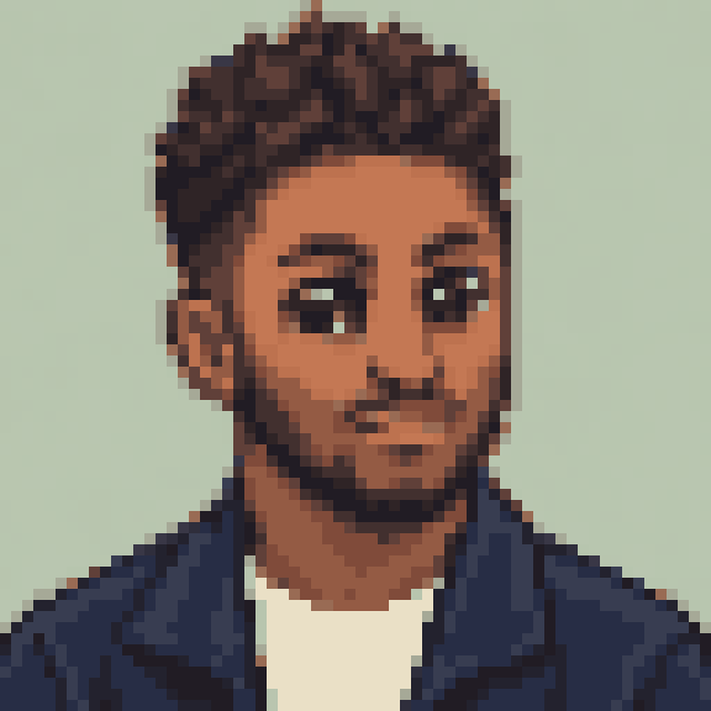 Unofficial AI-generated image of Marques Brownlee: pixel bust with short textured hair, a beard and a navy jacket on sage.