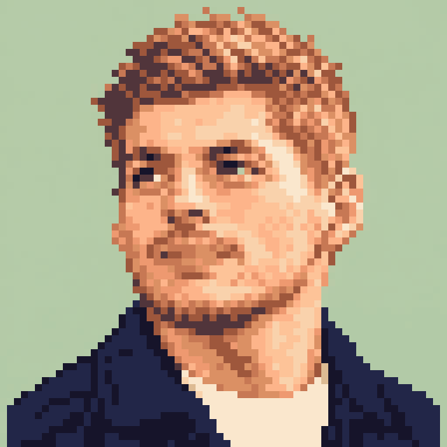 Unofficial AI-generated image of Max Verstappen: pixel bust with short sandy hair and stubble and a navy jacket on sage.