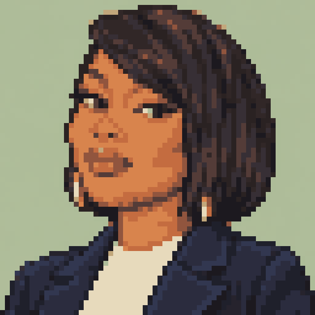Unofficial AI-generated image of Megan Thee Stallion: pixel bust with a dark bob and dangling earrings and a navy jacket on sage.