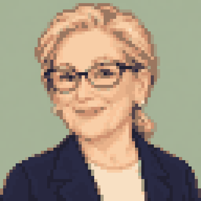 Unofficial AI-generated image of Meryl Streep: pixel bust with dark glasses and swept blonde hair and a navy jacket on sage.