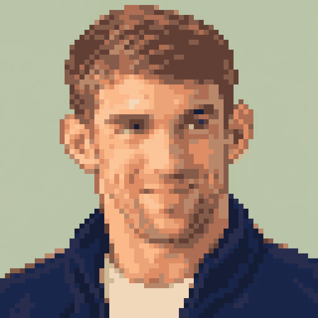 Unofficial AI-generated image of Michael Phelps: pixel bust with short brown hair and a light shirt and a navy jacket on sage.
