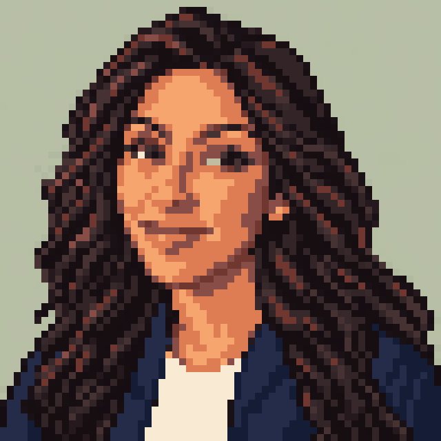 Unofficial AI-generated image of Michelle Khare: pixel bust with long dark waves and a light shirt and a navy jacket on sage.