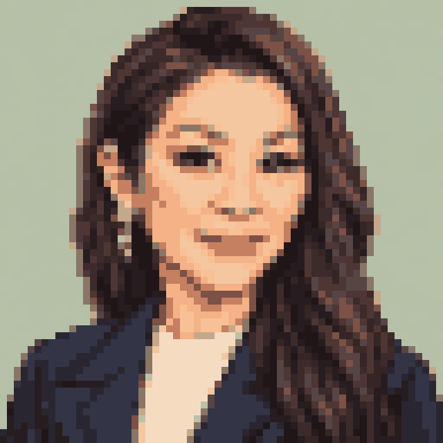 Unofficial AI-generated image of Michelle Yeoh: pixel bust with long dark hair and pale earrings and a navy jacket on sage.