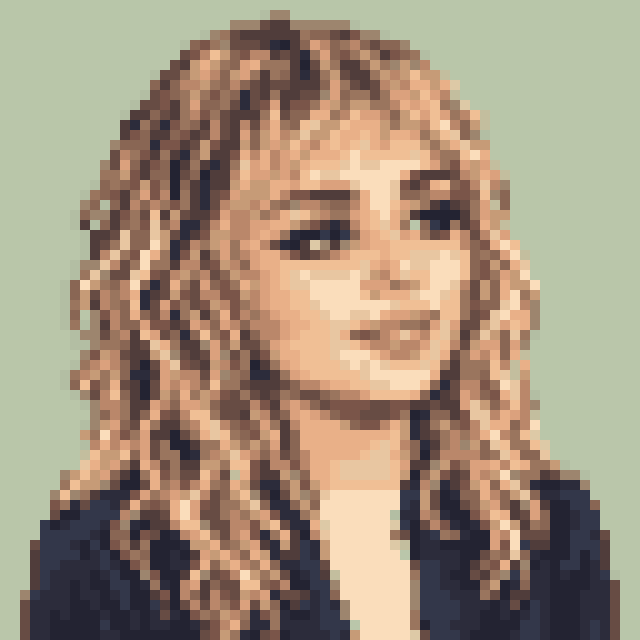 Unofficial AI-generated image of Miley Cyrus: pixel bust in a navy jacket on sage.