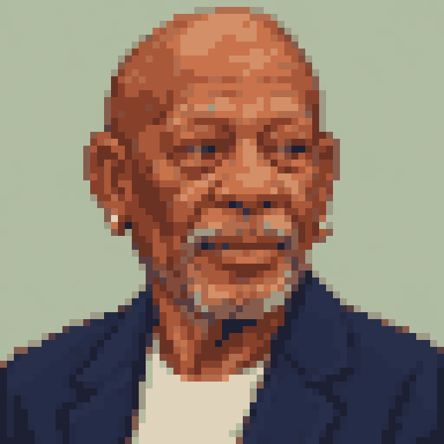 Unofficial AI-generated image of Morgan Freeman: pixel bust with short grey hair and a grey moustache and a navy jacket on sage.