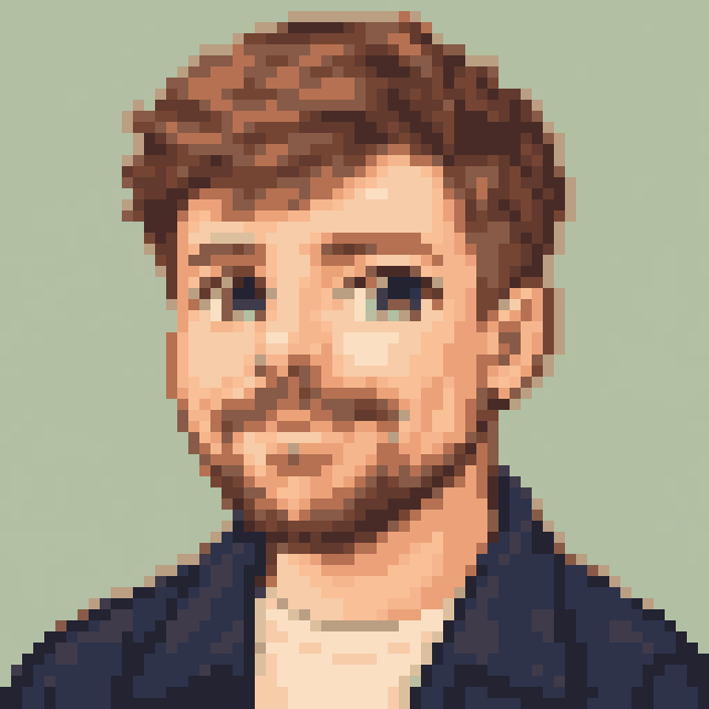 Unofficial AI-generated image of MrBeast: pixel bust with swept brown hair and a beard and a navy jacket on sage.