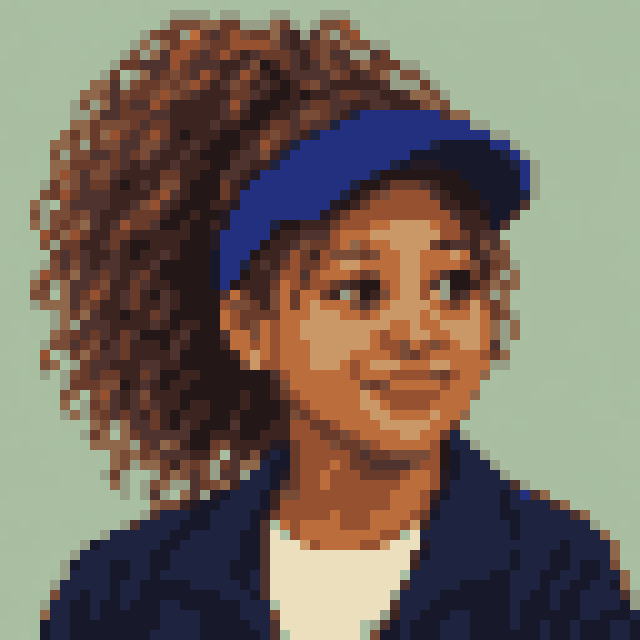 Unofficial AI-generated image of Naomi Osaka: pixel bust with a curly ponytail, a blue visor and a navy jacket on sage.
