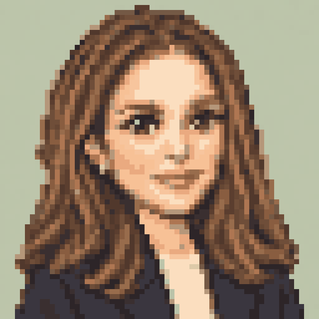 Unofficial AI-generated image of Natalie Portman: pixel bust in a navy jacket on sage.