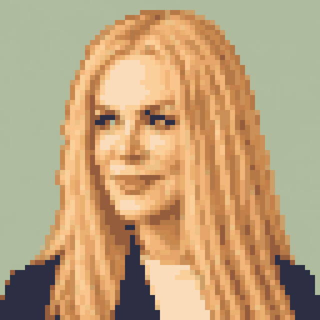 Unofficial AI-generated image of Nicole Kidman: pixel bust with long straight blonde hair and a light shirt and a navy jacket on sage.