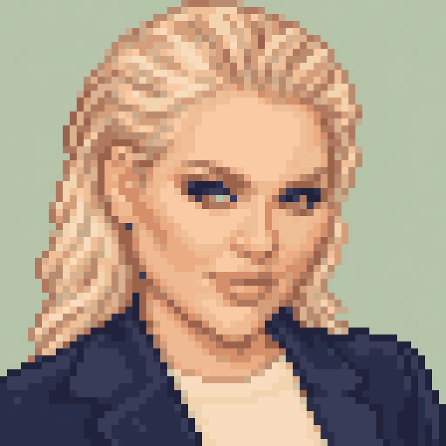 Unofficial AI-generated image of NikkieTutorials: pixel bust with a blonde updo and pale earrings and a navy jacket on sage.