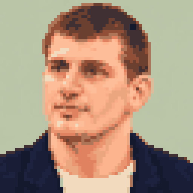 Unofficial AI-generated image of Nikola Jokić: pixel bust with short brown hair and a light shirt and a navy jacket on sage.