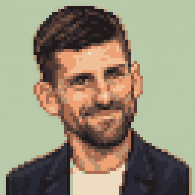 Unofficial AI-generated image of Novak Djokovic: pixel bust in a navy jacket on sage.