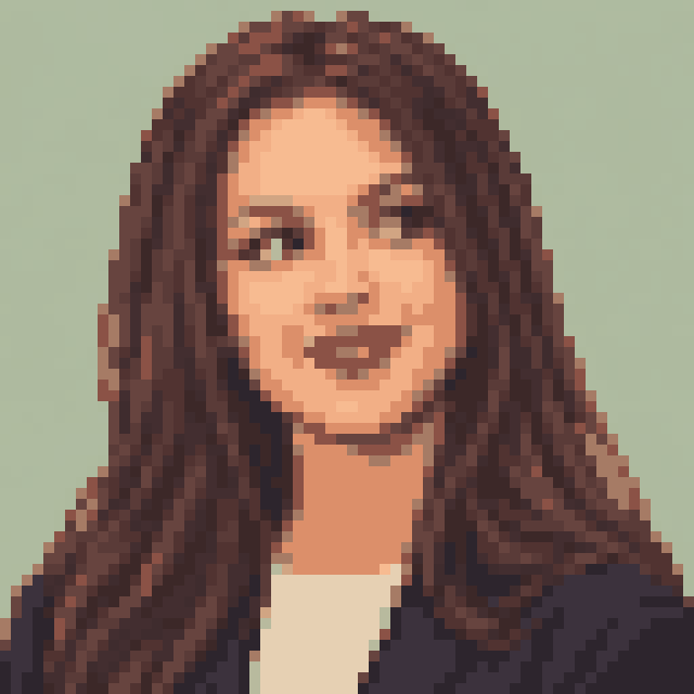 Unofficial AI-generated image of Olivia Rodrigo: pixel bust with long dark waves and a light shirt and a navy jacket on sage.