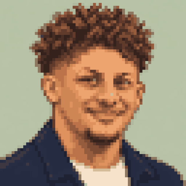 Unofficial AI-generated image of Patrick Mahomes: pixel bust with short brown curls and a light shirt and a navy jacket on sage.