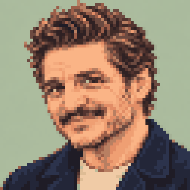Unofficial AI-generated image of Pedro Pascal: pixel bust with wavy brown hair and a moustache and a navy jacket on sage.