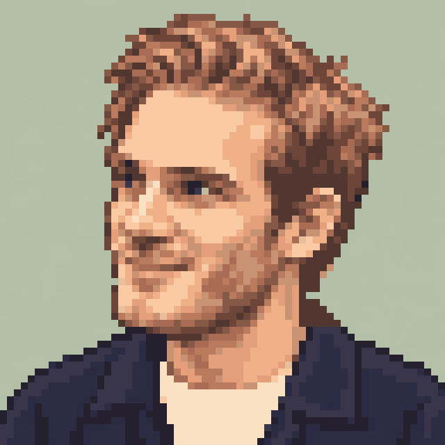 Unofficial AI-generated image of PewDiePie: pixel bust with swept light-brown hair and stubble and a navy jacket on sage.