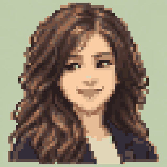 Unofficial AI-generated image of Pokimane: pixel bust in a navy jacket on sage.