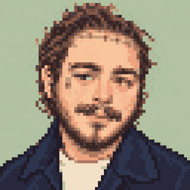 Unofficial AI-generated image of Post Malone: pixel bust with short dark curls and a beard and a navy jacket on sage.