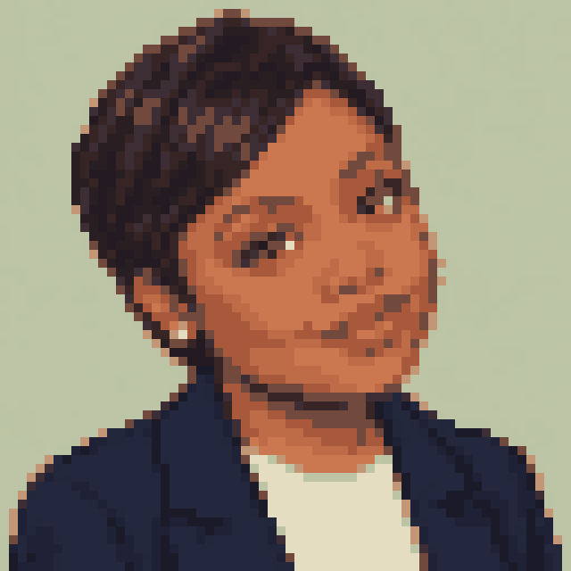Unofficial AI-generated image of Quinta Brunson: pixel bust with dark hair swept up and a light shirt and a navy jacket on sage.