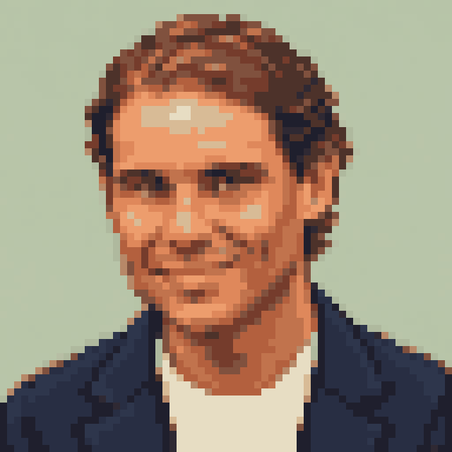 Unofficial AI-generated image of Rafael Nadal: pixel bust in a navy jacket on sage.