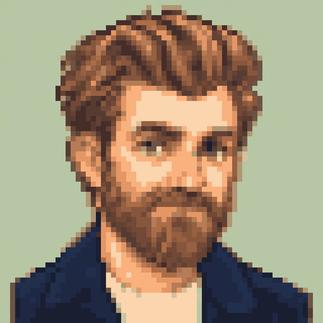 Unofficial AI-generated image of Rhett McLaughlin: pixel bust with swept brown hair and a full beard and a navy jacket on sage.