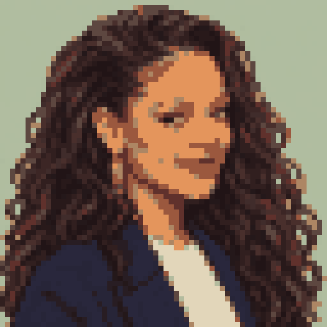 Unofficial AI-generated image of Rihanna: pixel bust with long dark waves and pale earrings and a navy jacket on sage.
