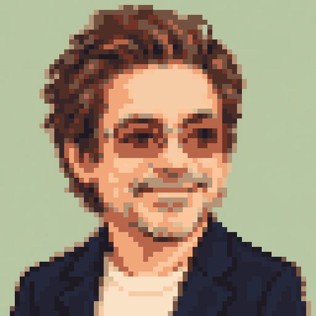 Unofficial AI-generated image of Robert Downey Jr: pixel bust in a navy jacket on sage.
