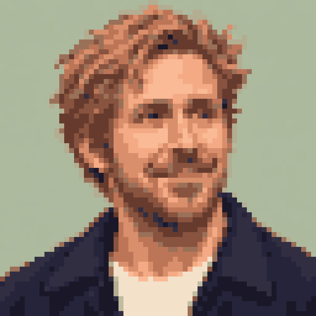 Unofficial AI-generated image of Ryan Gosling: pixel bust with swept sandy hair and a beard and a navy jacket on sage.