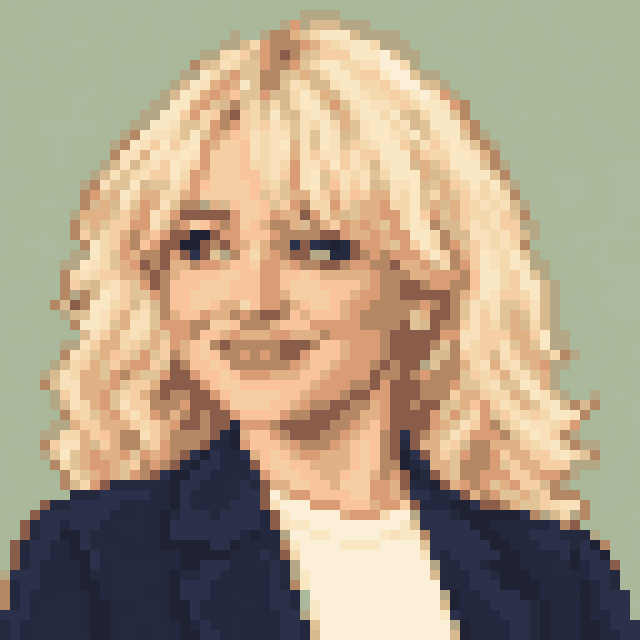 Unofficial AI-generated image of Sabrina Carpenter: pixel bust with blonde bangs and shoulder-length waves and a navy jacket on sage.