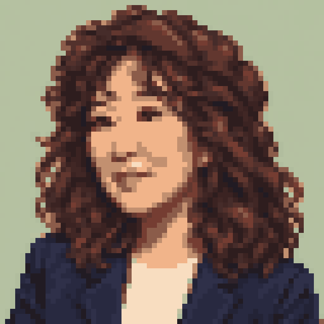 Unofficial AI-generated image of Sandra Oh: pixel bust with dark curls and a light shirt and a navy jacket on sage.