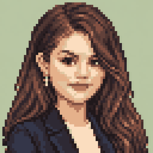 Unofficial AI-generated image of Selena Gomez: pixel bust in a navy jacket on sage.