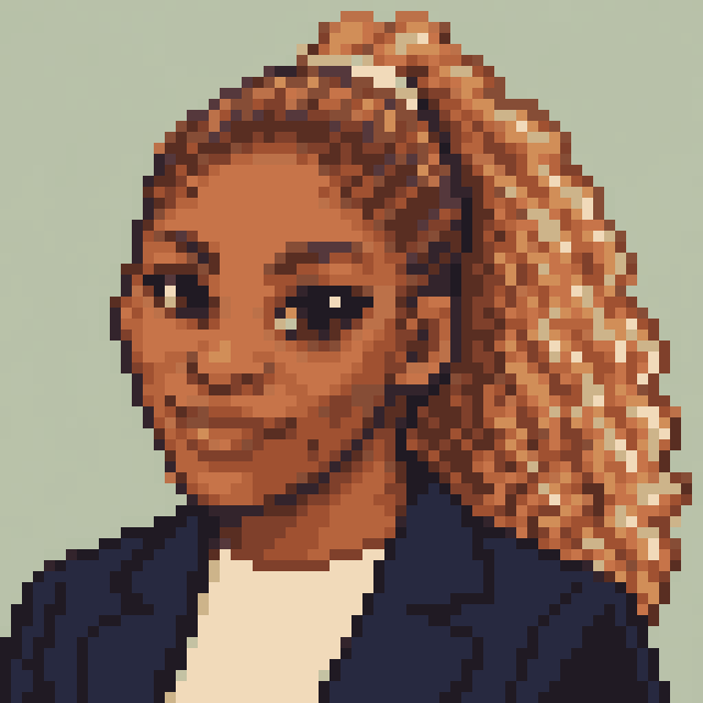 Unofficial AI-generated image of Serena Williams: pixel bust with a highlighted ponytail and a navy jacket on sage.