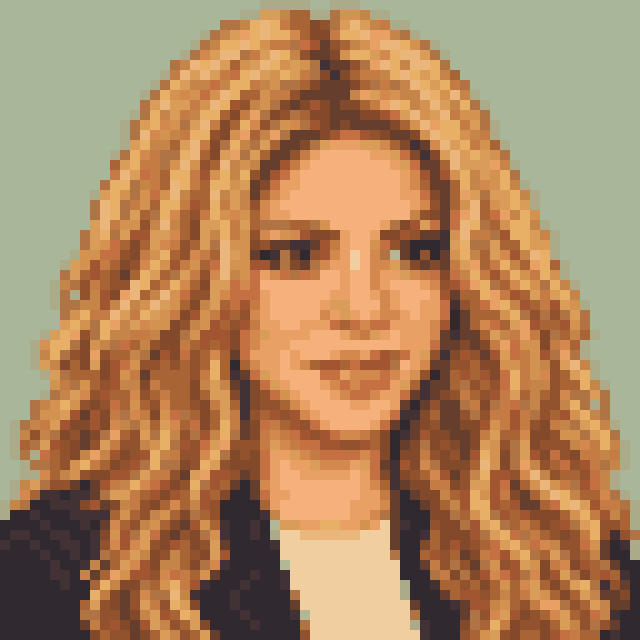 Unofficial AI-generated image of Shakira: pixel bust with long blonde curls and a light shirt and a navy jacket on sage.